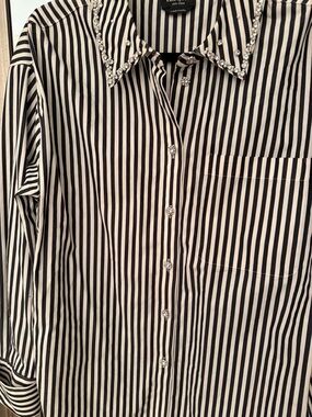 KATE SPADE Black & White Striped Crystal and pearl Embellished Collar Shirt